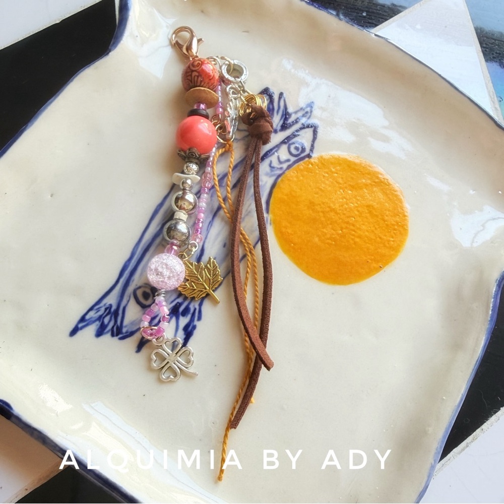 PINK QUARTZ FRINGE SUEDE + Coral and Brown Charm Key Holder